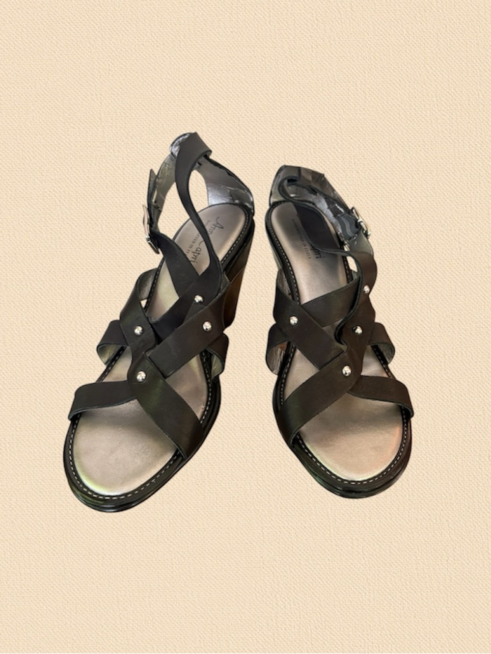 Anna Capri Made in Italy Black Leather Studded Wedge Sandals Size 10M